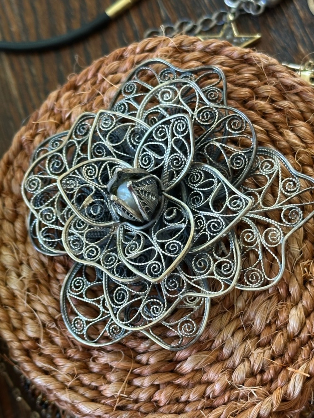 Intricate Filigree Flower Pendant Necklace in Antique Silver
